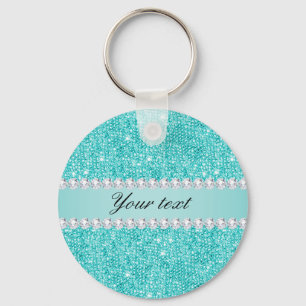 Faux Teal Sequins and Diamonds Keychain