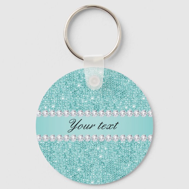 Faux Teal Sequins and Diamonds Keychain (Front)