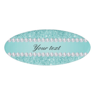 Faux Teal Sequins and Diamonds Name Tag