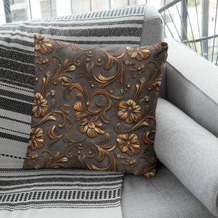 Faux Tooled Brown Leather Western Throw Pillow