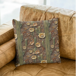 Faux Tooled Cactus Desert Leather Western Throw Pillow