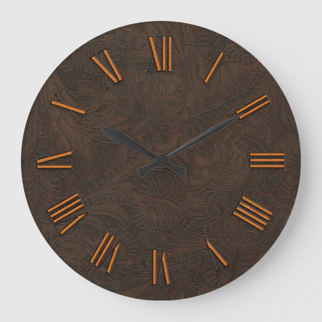 Faux Tooled, Carved Leather & Copper-look Numerals Large Clock (Front)