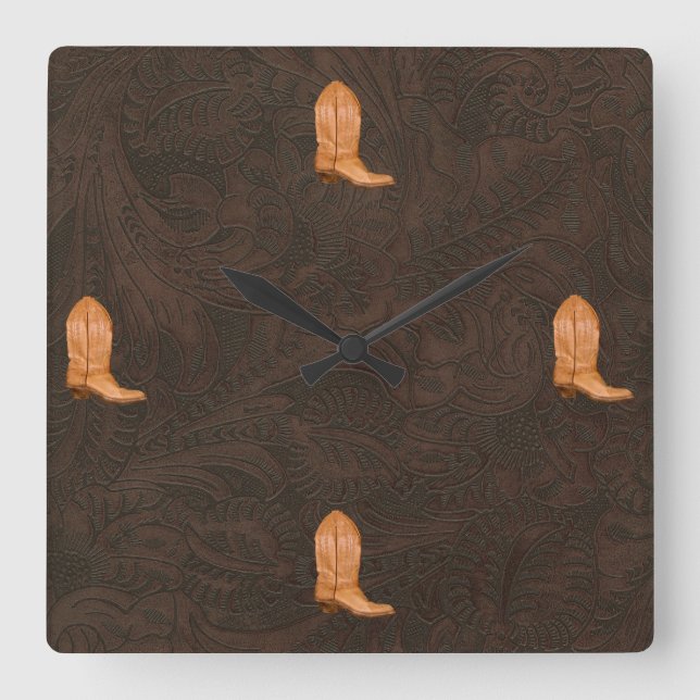 Faux Tooled, Carved Leather of Horse & Boots Square Wall Clock (Front)
