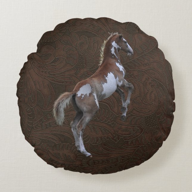 Faux Tooled-Leather & Indian Paint Pinto Colt Round Pillow (Front)