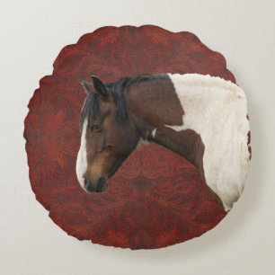 Faux Tooled-Leather & Indian Paint Pinto Stallion Round Pillow