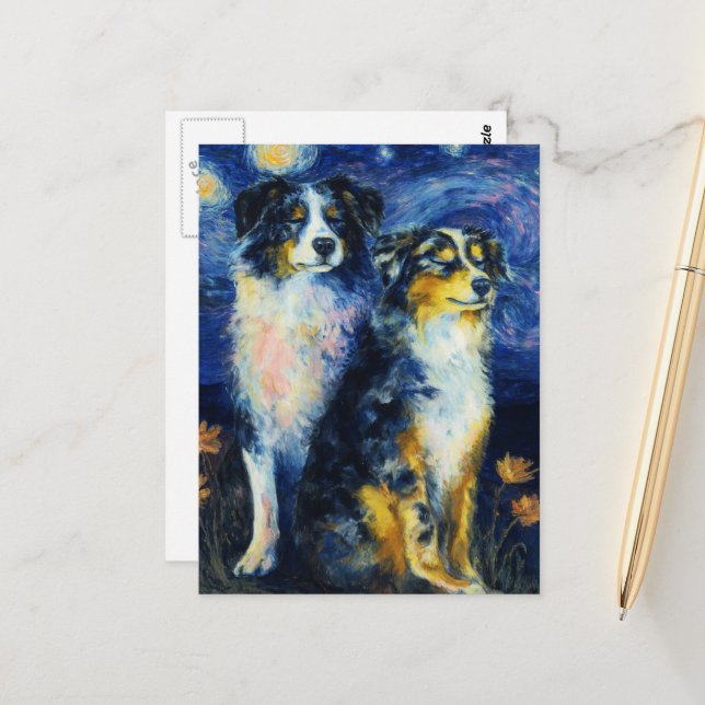 Faux Van Gogh Two Austrailian Shepherds Postcard (Front/Back In Situ)