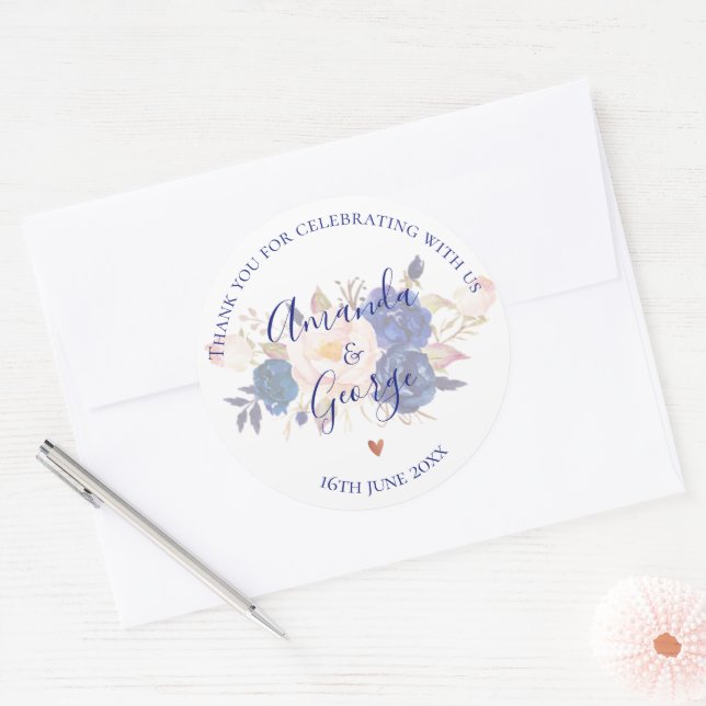 Faux Vellum Blue Floral Elegant Script Wedding Classic Round Sticker (Envelope)