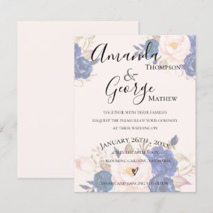 Faux Vellum Effect Blue Blush Pink Floral Wedding Invitation