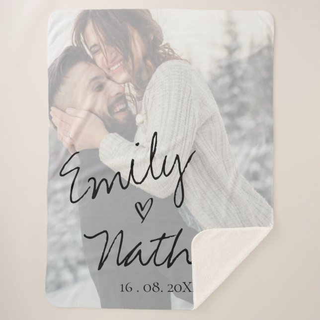 Faux Vellum Effect Photo Wedding Date Custom Sherpa Blanket (Front)