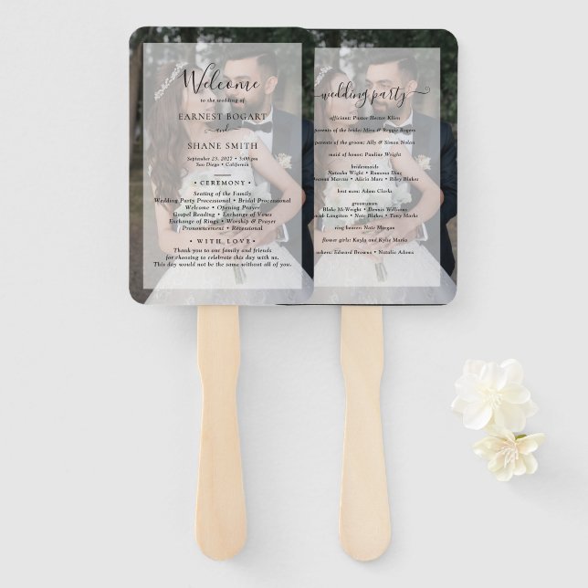 Faux Vellum Photo Modern Elegant Wedding Program Hand Fan (Front and Back)