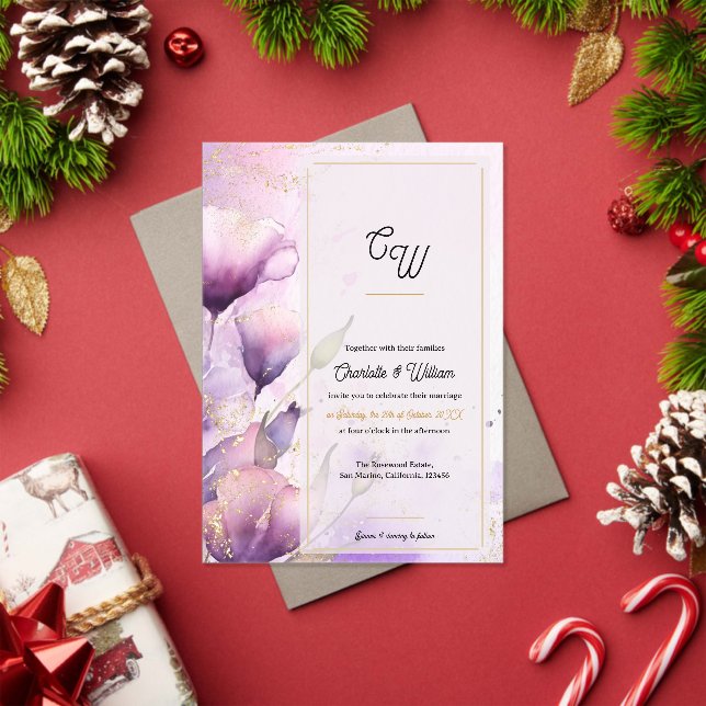 Faux Vellum Purple Floral Monogram Wedding Acrylic Invitations (Insitu (Holiday))