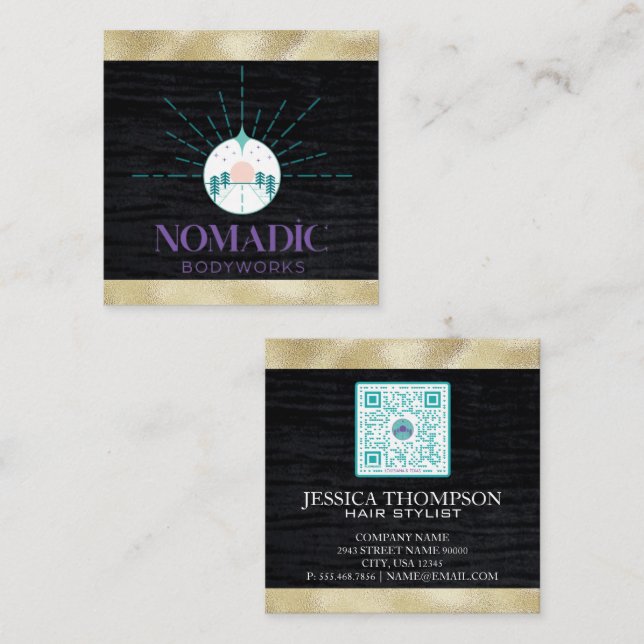 Faux Velvet | Faux Gold Foil Trim | Qr Code  Square Business Card (Front/Back)