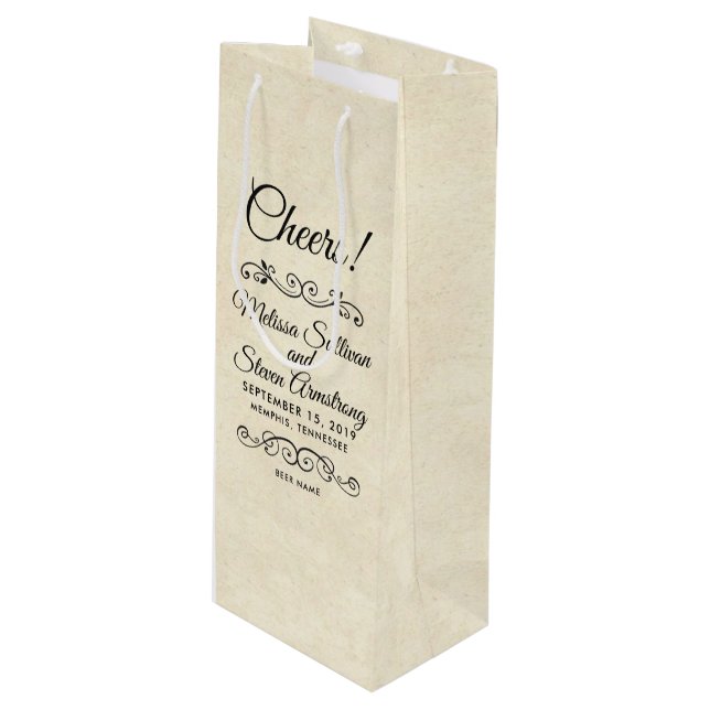 Faux Vintage Parchment Western Style Wedding Wine Gift Bag (Front Angled)