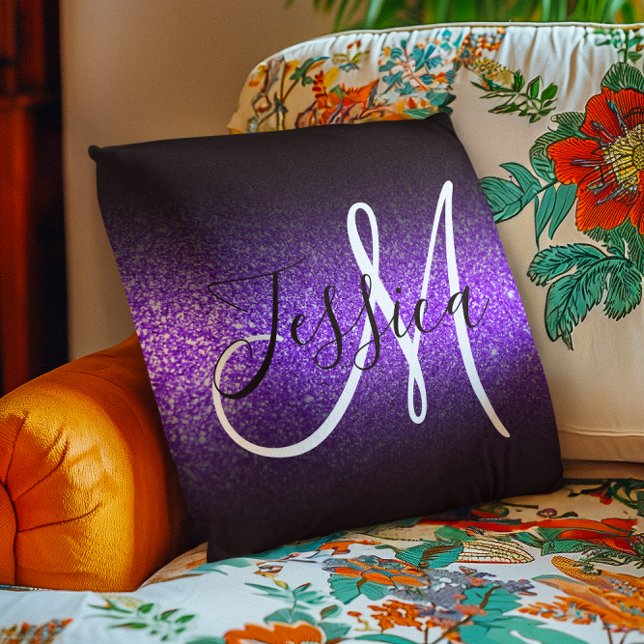 Faux Violet Glitter Black Ombre Monogram Throw Pillow (Faux Violet Glitter Black Ombre Monogram Throw Pillow)