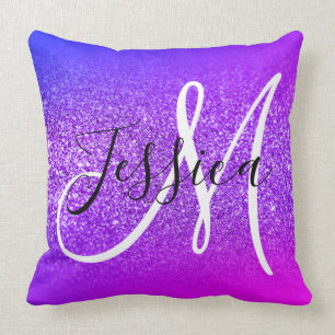Faux Violet Glitter Miami Ombre Monogram Throw Pillow