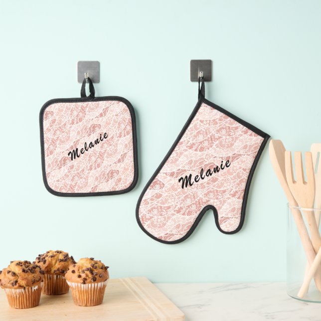 Faux White Lace Fishnet Custom Name Personalized Oven Mitt & Pot Holder Set (Insitu(Hanging))