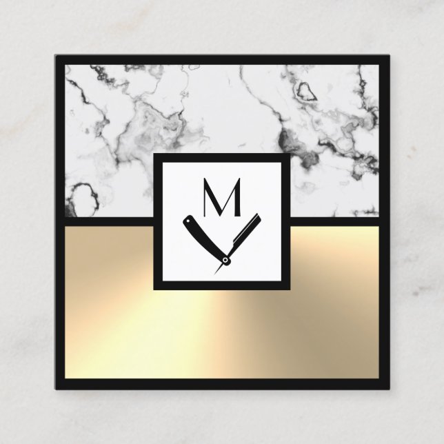 Faux white marble and gold square business card (Front)