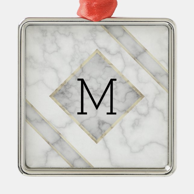 Faux White Marble & Beige Alabaster With Monogram Metal Ornament (Front)