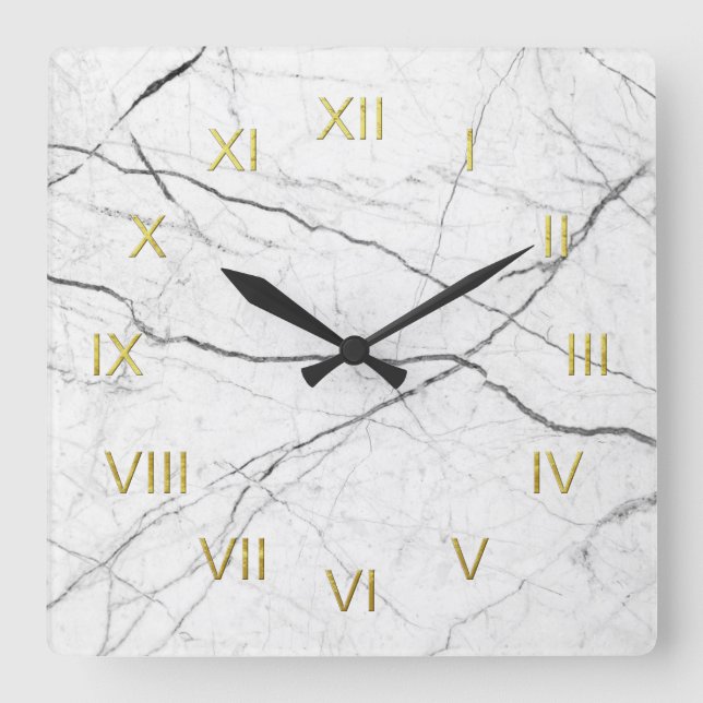 Faux White Marble Black Veined with Gold Numerals Square Wall Clock (Front)