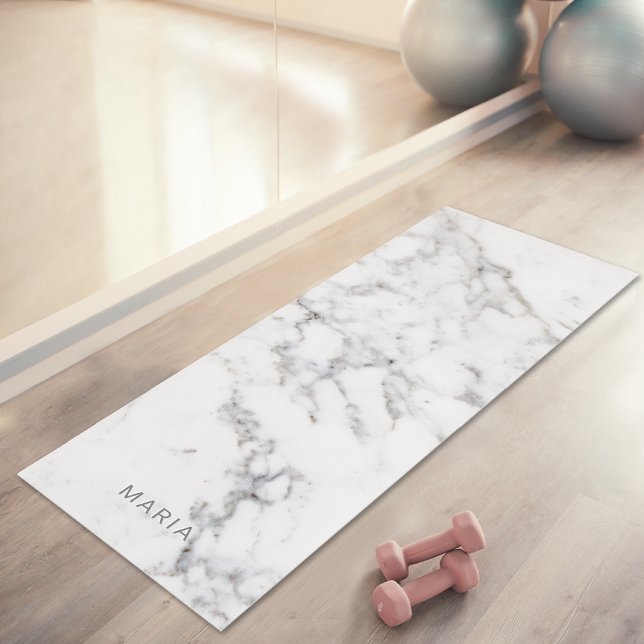 Faux White Marble Texture Look-like & Custom Name Yoga Mat (Disclaimer: This image is a digital mockup.)