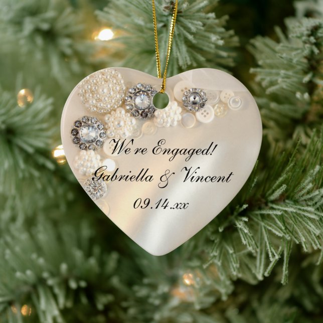 Faux White Pearl and Diamond Buttons Engagement Ceramic Ornament (Tree)