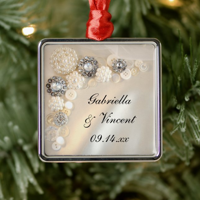 Faux White Pearl and Diamond Buttons Wedding Metal Ornament (Tree)