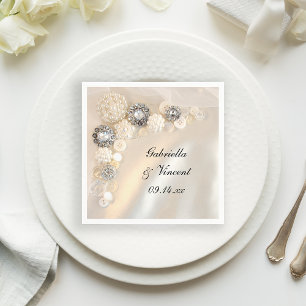 Faux White Pearl and Diamond Buttons Wedding Napkin