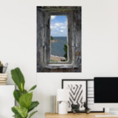 Faux Window - Castle Looking out on Beach View Poster (Home Office)