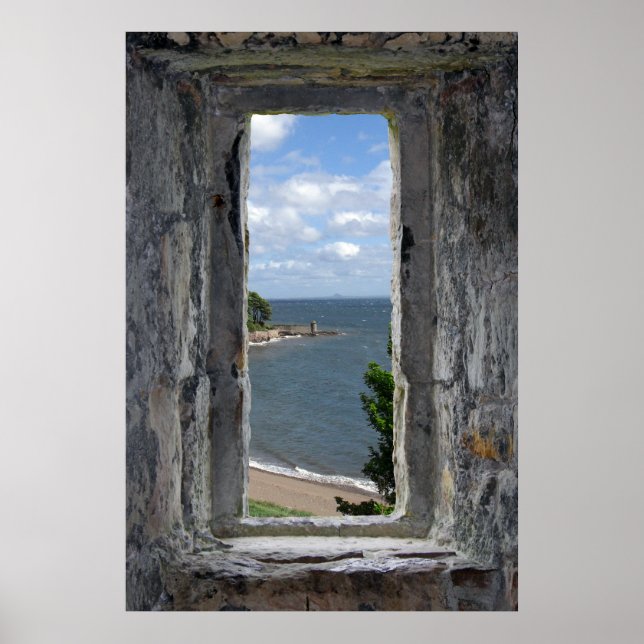 Faux Window - Castle Looking out on Beach View Poster (Front)