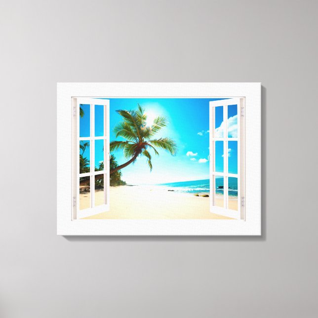 Faux Window with Beach and Ocean Custom Sizes! Canvas Print (Front)