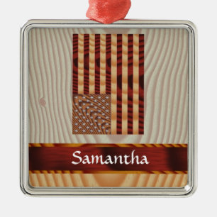 Faux wood American flag Metal Ornament