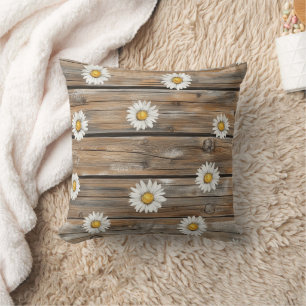 Faux Wood Daisy Flowers Throw Pillow