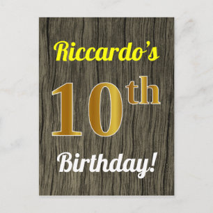 Faux Wood, Faux Gold 10th Birthday & Custom Name Postcard