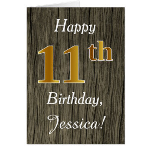 Faux Wood, Faux Gold 11th Birthday + Custom Name