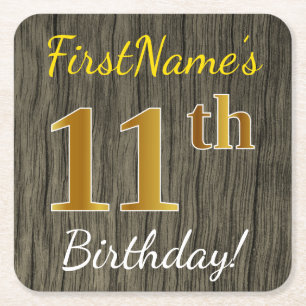 Faux Wood, Faux Gold 11th Birthday + Custom Name Square Paper Coaster