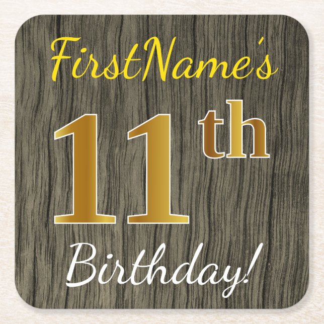 Faux Wood, Faux Gold 11th Birthday + Custom Name Square Paper Coaster (Front)