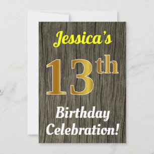 Faux Wood, Faux Gold 13th Birthday Celebration Invitation