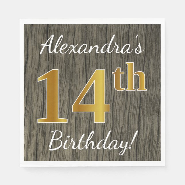 Faux Wood, Faux Gold 14th Birthday + Custom Name Napkin (Front)