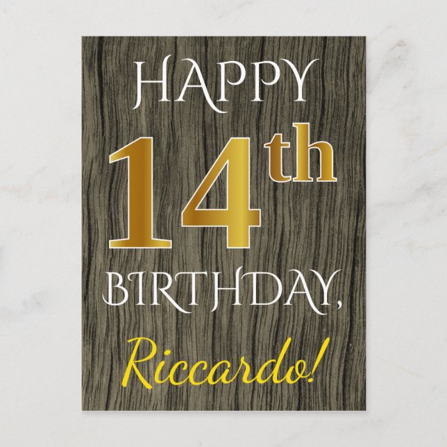 Faux Wood, Faux Gold 14th Birthday + Custom Name Postcard (Front)
