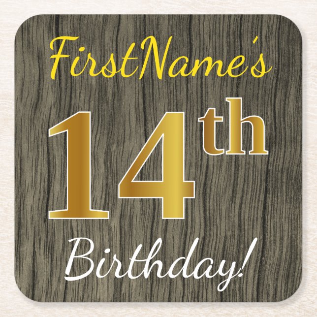 Faux Wood, Faux Gold 14th Birthday + Custom Name Square Paper Coaster (Front)