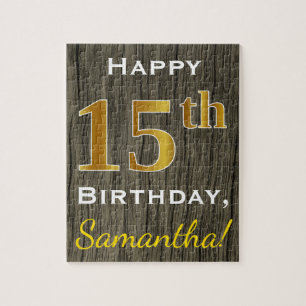 Faux Wood, Faux Gold 15th Birthday + Custom Name Jigsaw Puzzle