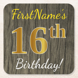 Faux Wood, Faux Gold 16th Birthday + Custom Name Square Paper Coaster