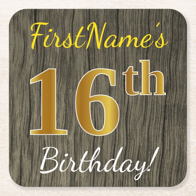 Faux Wood, Faux Gold 16th Birthday + Custom Name Square Paper Coaster (Front)