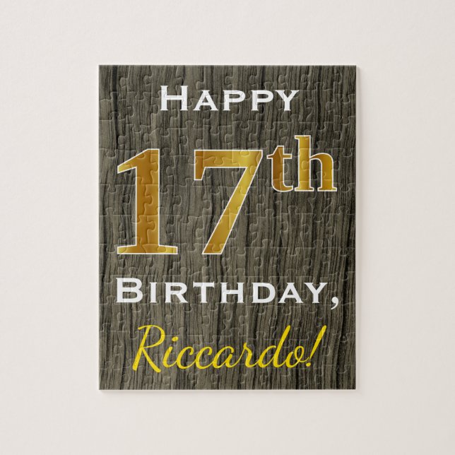 Faux Wood, Faux Gold 17th Birthday + Custom Name Jigsaw Puzzle (Vertical)