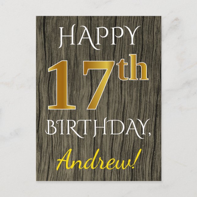 Faux Wood, Faux Gold 17th Birthday + Custom Name Postcard (Front)