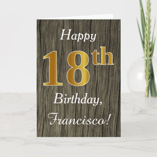 Faux Wood, Faux Gold 18th Birthday + Custom Name Card (Front)