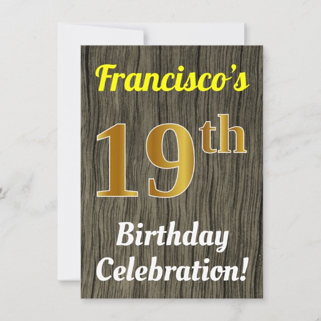 Faux Wood, Faux Gold 19th Birthday Celebration Invitation (Front)