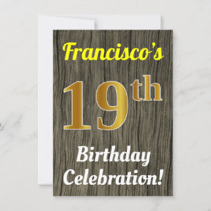 Faux Wood, Faux Gold 19th Birthday Celebration Invitation