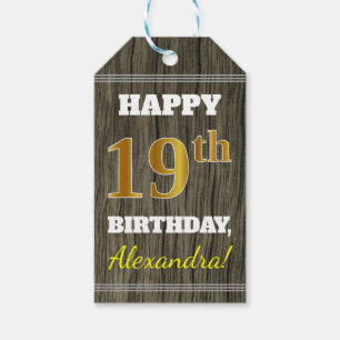 Faux Wood, Faux Gold 19th Birthday + Custom Name Gift Tags
