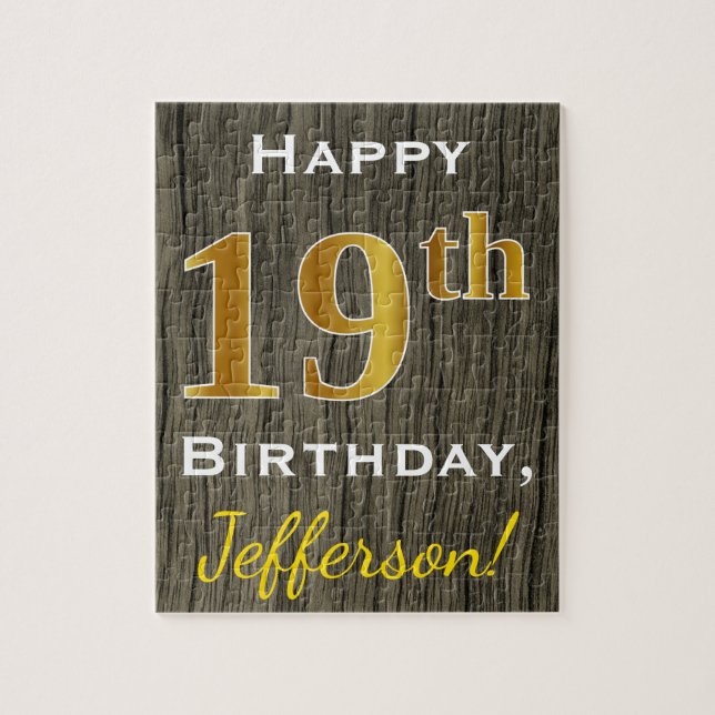 Faux Wood, Faux Gold 19th Birthday + Custom Name Jigsaw Puzzle (Vertical)